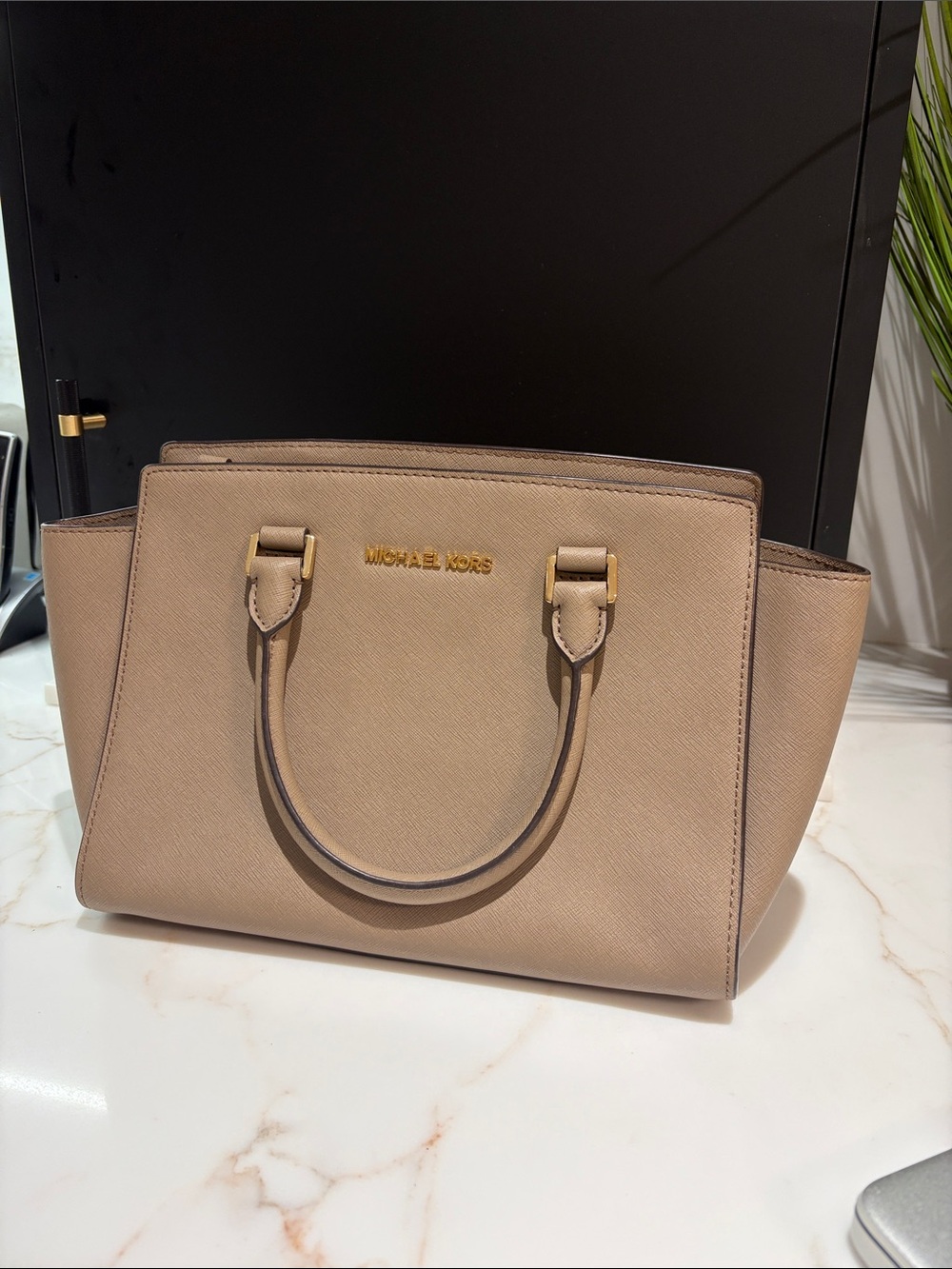 Michael Kors Taupe Saffiano Leather Satchel with Gold Hardware